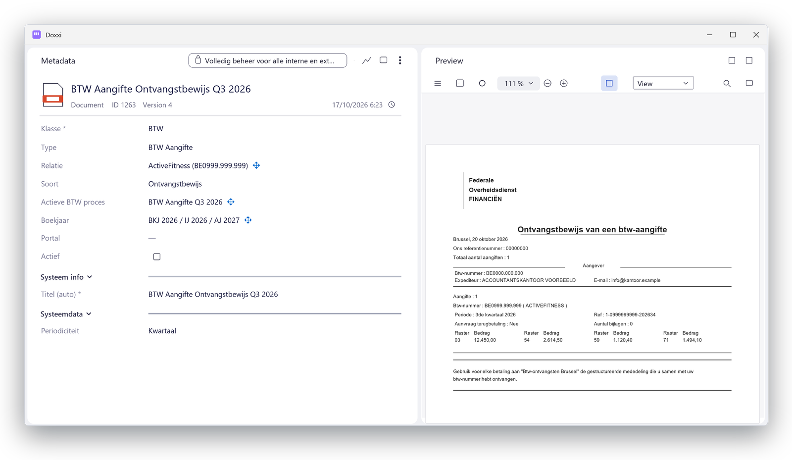 A filed VAT receipt in Doxxi: the document card with client, VAT process and fiscal year next to the preview of the document
