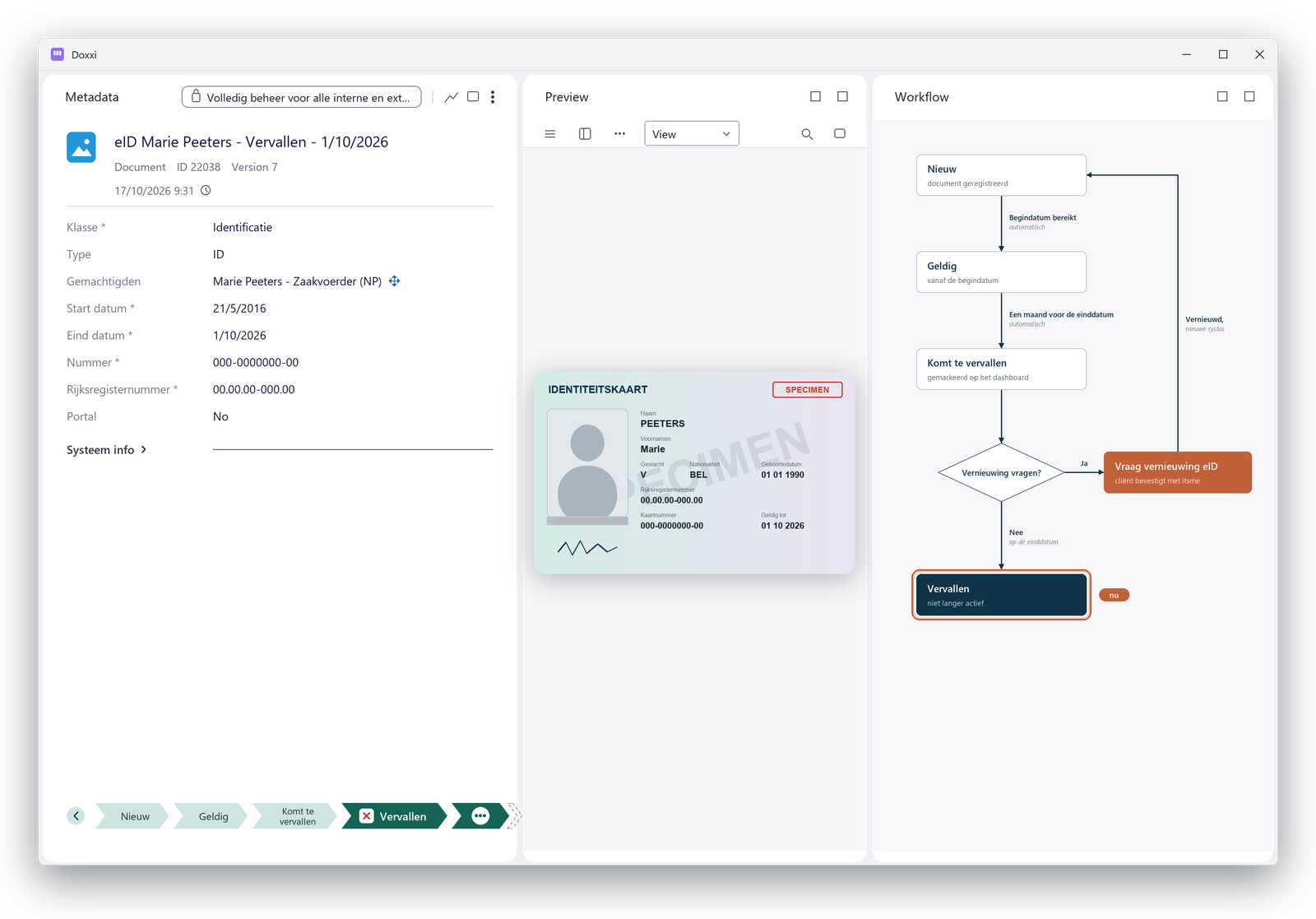 An identity document in Doxxi: the metadata of an expired eID, a specimen card in the preview and the workflow from new to valid, about to expire and renewal or expired