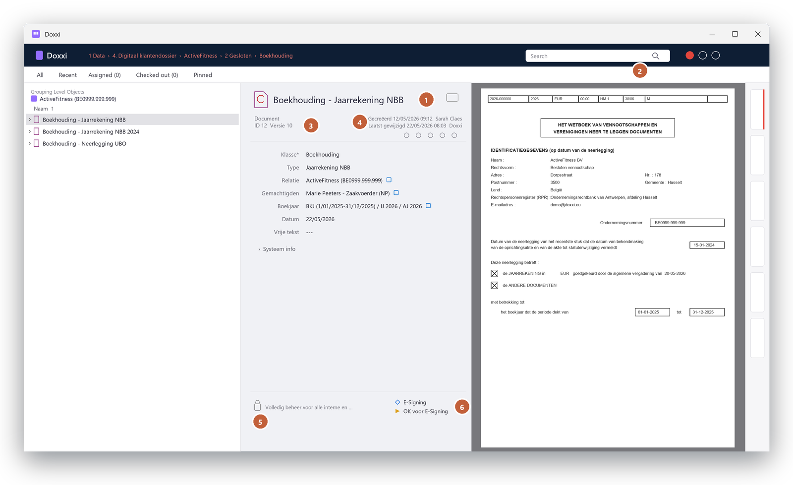 A document in Doxxi with six numbered markers: the title, the search bar, the version number, the creation and change details, the access rights and the workflow