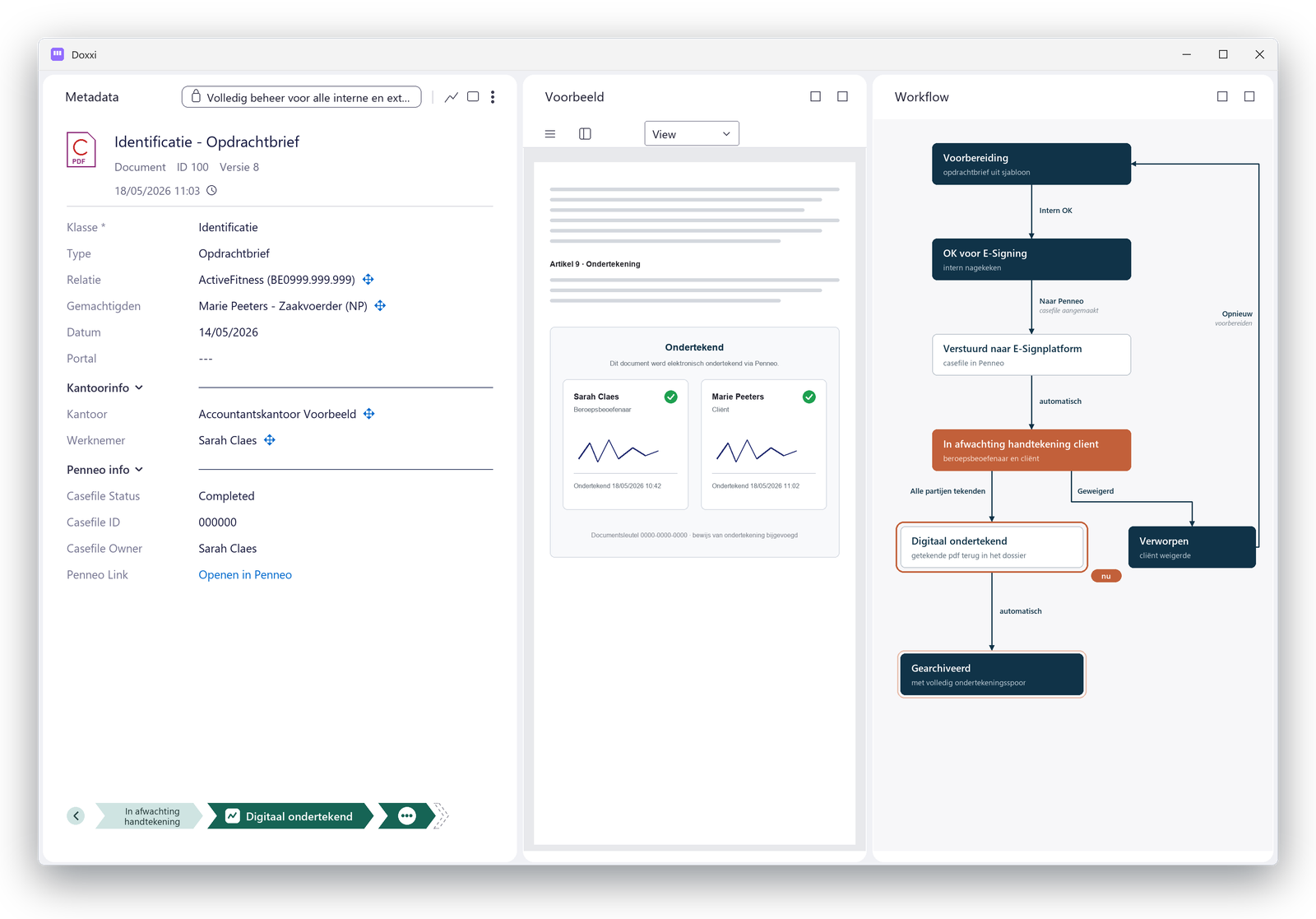 A digitally signed engagement letter back in Doxxi: Penneo status completed, the signature page with both signers and the workflow at digitally signed