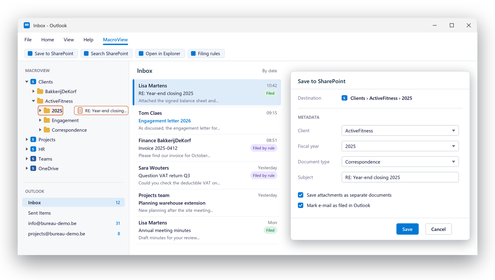 Outlook with the MacroView pane: an e-mail dragged onto a client folder in SharePoint, and the Save to SharePoint window asking for client, fiscal year and document type