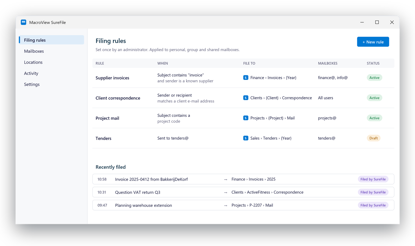 MacroView SureFile filing rules: supplier invoices, client correspondence, project mail and tenders, each with a condition, a SharePoint destination and the mailboxes it applies to, plus recently filed e-mails