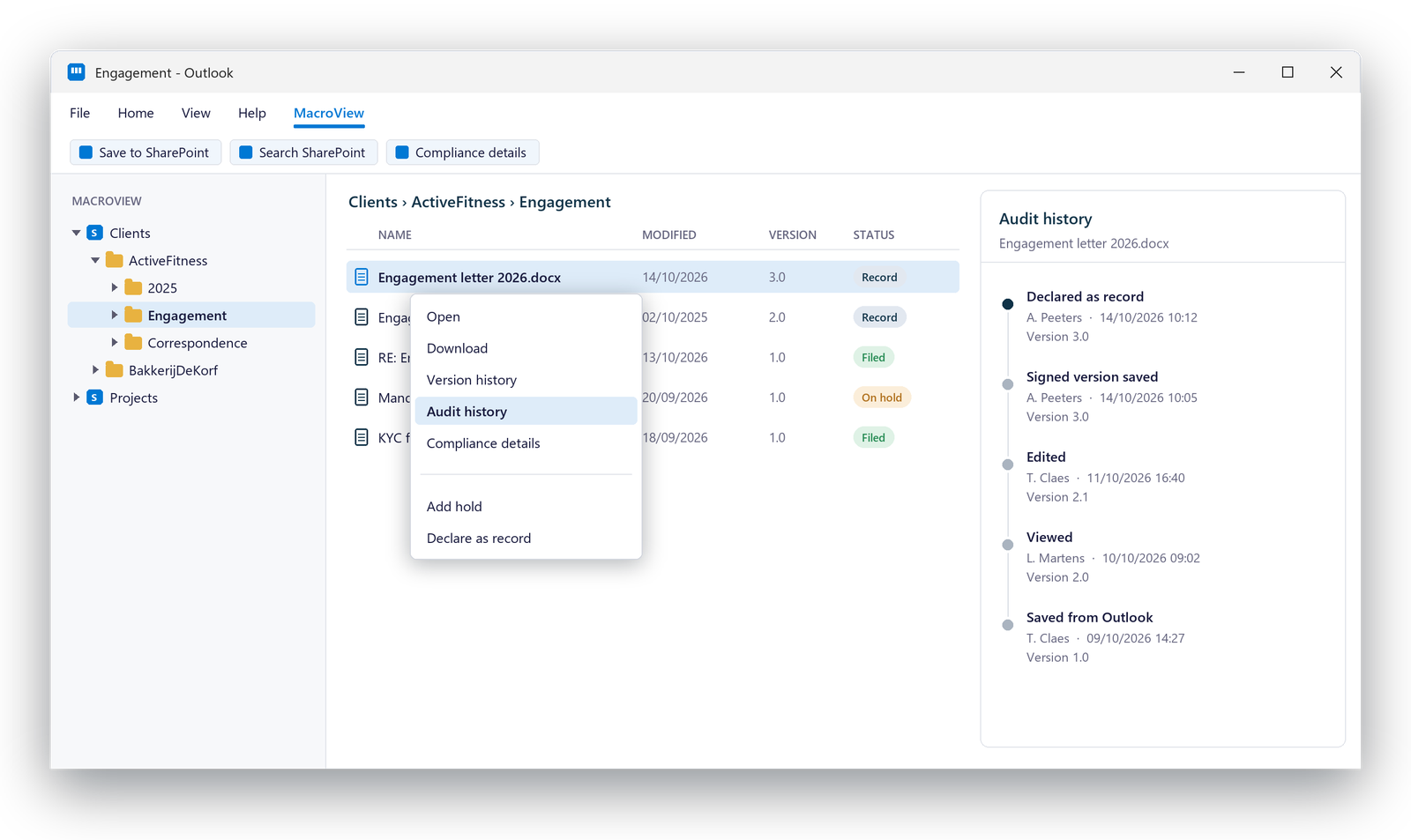A SharePoint library in Outlook with MacroView: the right-click menu with audit history, compliance details, add hold and declare as record, next to the audit history of an engagement letter