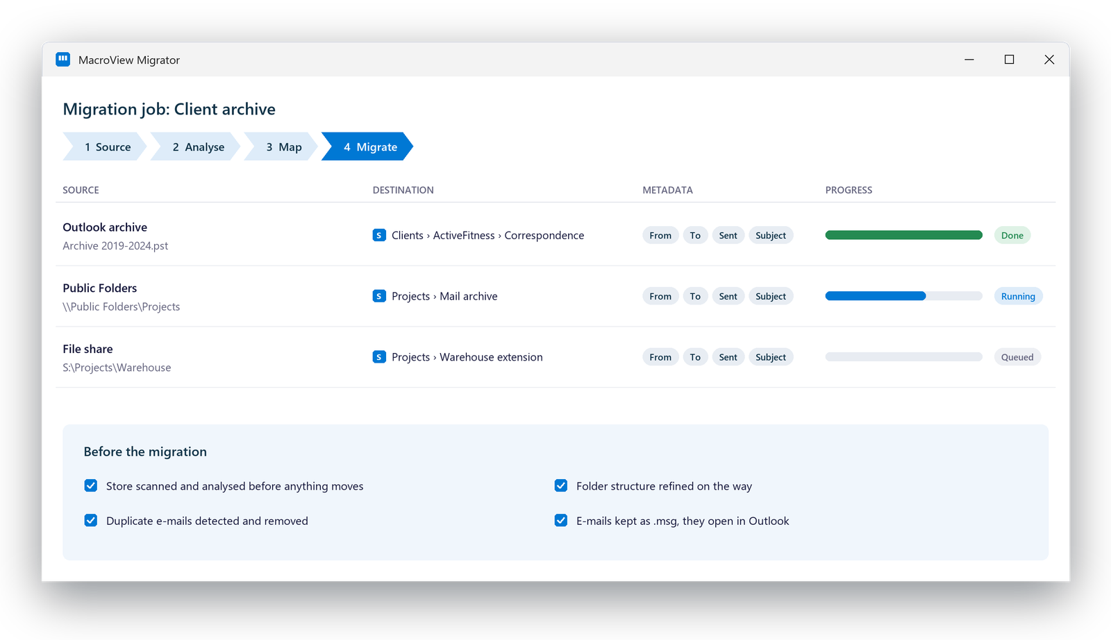 A MacroView Migrator job: an Outlook archive, Public Folders and a file share moving to SharePoint with their e-mail metadata, and the checks done before the migration