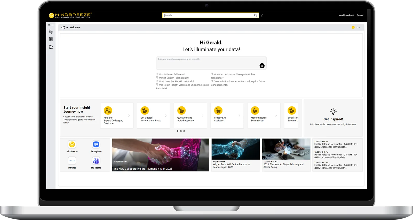 Mindbreeze Insight Workplace on a laptop: a question field, pre-built Insight Touchpoints such as Find the Expert and Get trusted Answers and Facts, and the latest news. Image: Mindbreeze